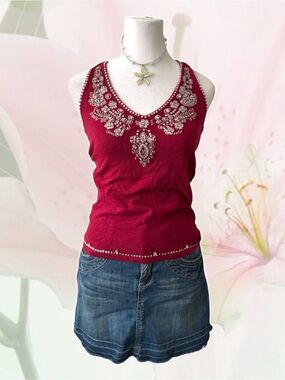 Rare Y2k Smart Set Wine Red Beaded V-Neck Tank